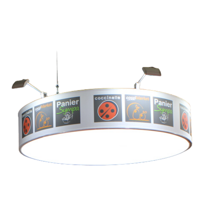 External LED lightng on round suspended signage by 4 spotlights